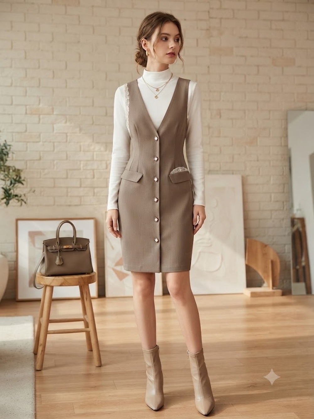Sleeveless Midi Button-Front Dress in Taupe with Lace Trim